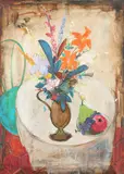 Still life with a jug of flowers and a bowl of fruit Signed Oil by Bernard Lignon, Oil on canvas, sold Dec 2019