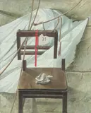 Still life with a chair and calendar Signed and further inscribed by Yao Wei, Oil on canvas, sold Dec 2019