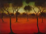 Australian landscape with eucalyptus trees by Kevin Charles "Pro" Hart, Oil on board, offered Dec 2019