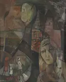 Young woman in front of a town Signed Oil by Gwyneth Johnstone, Oil on board, sold Dec 2019