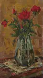 Still life with a vase of roses Signed and titled to by Leonid Vasilievich Markov, Oil on board, sold Dec 2019
