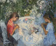 Jemima and Florence in the courtyard Signed Oil by Peter Kuhfeld, Oil on canvas, sold Dec 2019