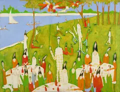 The balloon men Signed Oil by Harry Bilson, Oil on canvas, sold Dec 2019