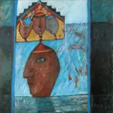 Head Hunter Signed and dated 94 by Marj Bond, Mixed media on board, offered Dec 2019