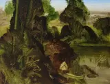 Landscape with a pond Signed with initials and dated 1997 Oil on by Christopher P. Wood, 1997, Wood, offered Dec 2019