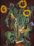 Still life with sunflowers in a vase Signed Oil by Paddy Higson, Oil on canvas, sold Dec 2019