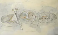 Study of whippets Signed Mixed media by Max Leuchars, Mixed media on board, sold Dec 2019