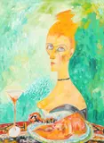 Gourmet at the Ritz Signed and titled to verso Oil on by John Bellany, Oil on canvas, sold Dec 2019