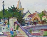 Figures on a bridge outside a church Signed Oil by Fred Yates, Oil on canvas, sold Dec 2019