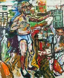 Self portrait standing at his easel in y-fronts Signed Oil by John Bratby, Oil on canvas, executed, sold Dec 2019