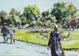 Figures walking through a park Signed and dated '88 Oil by Stephen Cullen, Oil on canvas, sold Dec 2019