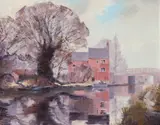 River landscape with houses by a bridge Signed Oil by Antony Warren, Oil on canvas, sold Dec 2019