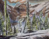 Fir trees in a mountainous landscape Signed and dated 1949 Pen by Edward Bawden, 1949, Pen, ink and watercolour heightened with white, sold Dec 2019