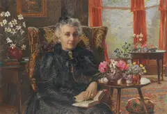 Portrait of Mrs James Thorneley seated in an interior Signed by W. G. Collingwood, 1897, Watercolour heightened with white, sold Dec 2019