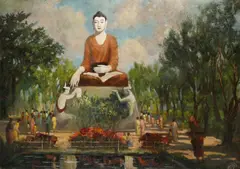 WORSHIPPERS AROUND A LARGE BUDDHA STATUE A Burmese painting by Ngwe Gaing, oil on board, sold Nov 2019