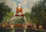 WORSHIPPERS AROUND A LARGE BUDDHA STATUE A Burmese painting by Ngwe Gaing, oil on board, sold Nov 2019
