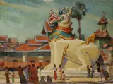 Figures by a temple by U Than Sain, oil on board, sold Nov 2019