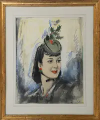 Portrait of a lady in a green hat by William Barribal, pastel on paper, offered Oct 2019