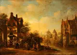Figures outside a riverside tavern by 19th Century Dutch School, oil on canvas, sold Nov 2014