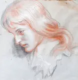 Study of a young man, head and shoulders; and study of a man's head, by Charles West Cope, charcaol and red and white chalks on buff paper,, sold Nov 2014
