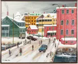 winter townscape by Janet L. Munro, oil on board, sold Jul 2022