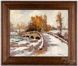 winter landscape with bridge by Ira J. Deen, oil on canvas, sold Jul 2022