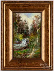 of a waterfall by Ira J. Deen, oil on board, sold Jul 2022