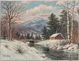 winter landscape with Creekside cabin by William Frederick Paskell, oil on canvas, sold Jul 2022