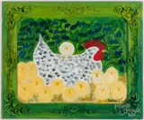of chicken and peeps by Barbara Strawser, oil on artist board, sold Jul 2022
