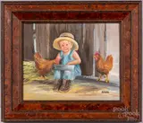 barn scene of a young boy and chickens by Dianne Dengel, oil on artist board, sold Jul 2022
