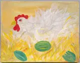 of a rooster in a watermelon patch by Barbara Strawser, oil on canvas, sold Jul 2022