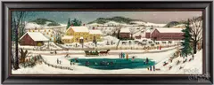 on plywood snowing winter landscape by Janet L. Munro, acrylic, sold Jul 2022