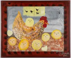 of chicken and peeps by Barbara Strawser, watercolor and gouache, sold Jul 2022