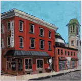 titled on verso Café Bruges by David Paul Ohlerking, oil on artist board, sold Jul 2022