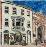 titled on verso Groves Swap Shop by David Paul Ohlerking, oil on artist board, sold Jul 2022