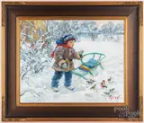 of a child with sled feeding birds by Vladimir Gusev, oil on canvas, sold Jul 2022