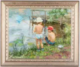 of children fishing at ponds edge by Vladimir Gusev, oil on canvas, sold Jul 2022