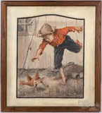 illustration of a boy chasing a chicken who stole his fishing worm by John Winfield Fazel, oil on canvas, sold Jul 2022