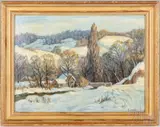 winter landscape by Gladys Goffe, oil on artist board, sold Jul 2022