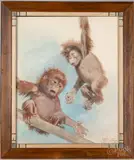 of monkeys by Julius Moessel, watercolor on paper, sold Jul 2022