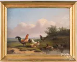 panel landscape with chickens by Cornelius Van Leemputten, oil on wood, sold May 2022