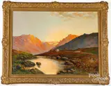 mountainous landscape with stream and sheep herder by Donald Campbell, oil on canvas, sold May 2022