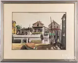 of boats at a residential dock by Giovanni Martino, watercolor on paper, sold May 2022