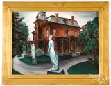 of a Victorian house with statuary by Grace Thorpe Gemberling Keast, oil on canvas, offered May 2022