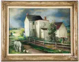 of a house with horse and woman feeding chickens in a Maurice Fincken carved frame by Grace Thorpe Gemberling Keast, oil on canvas, sold May 2022