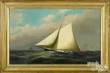 portrait of a sloop racing off Sandy Hook by Antonio Jacobsen, 1879, oil on canvas, sold Apr 2022