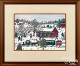 winter landscape with train and schoolhouse by Hattie Klapp Brunner, watercolor and gouache, sold Apr 2022