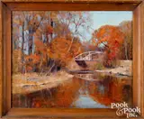 autumn riverscape with bridge by Allen Dean Cochran, oil on canvas, sold Apr 2022