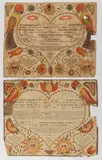 FOLK ART BIRTH AND BAPTISMAL CERTIFICATES / FRAKTUR, LOT OF TWO by Friedrich Krebs, watercolor and ink on laid paper with printed text and elements, sold Aug 2023