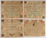 FOLK ART BIRTH AND BAPTISMAL CERTIFICATES / FRAKTUR, LOT OF FOUR by Friedrich Krebs, watercolor and ink on laid paper with printed text and elements, sold Aug 2023